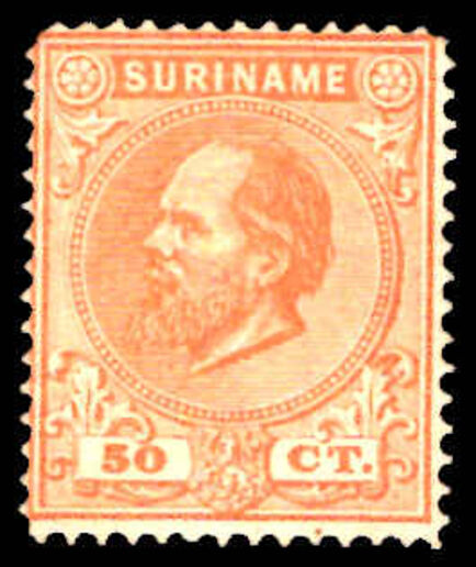 Suriname 1873-88 50c orange-brown corner perf faults lightly mounted mint.