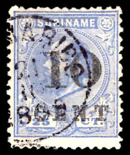 Suriname 1898 10c on 25c ultramarine perf 12½x12 signed fine used.
