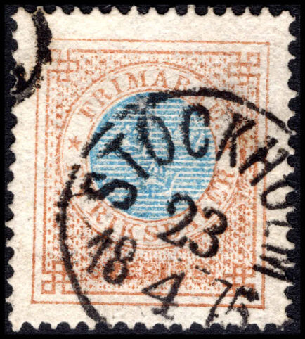 Sweden 1872-79 1r blue and bistre perf 14 NO Posthorn very fine used.