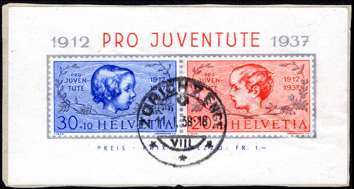Switzerland 1937 Pro-Juventute souvenir sheet used.