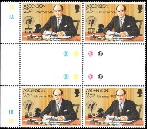 Ascension 1982 25c Lord Reith wmk crown to right of CA in traffic light gutter block of 4 unmounted mint.