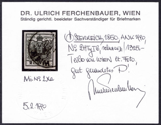Austria 1850 2k black hand-made paper type I Vienna very fine used Ferchenbauer certificate.