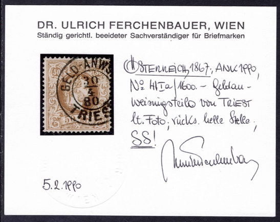 Austria 1867 50kr brown coarse print superb used in Trieste. Ferchenbauer certificate.