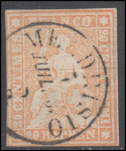 Switzerland 1854-62 20r orange touching on two margins signed Rellstab BPP fine used.