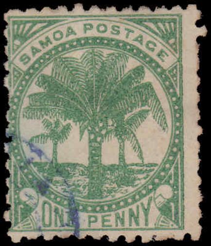 Samoa 1887 1d yellow-green wmk 4a perf 12x11½ fine used with blue cancel.