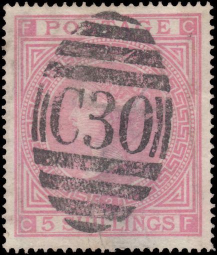 1867-74 5s rose plate 2 fine used in Chile with fine strike of C30 Valpariso postmark.