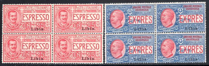 Libya 1915 Express Letters pair in unmounted mint blocks of four.