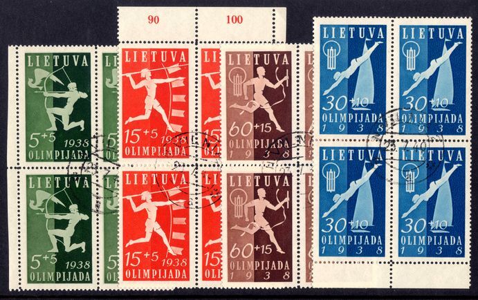 Lithuania 1938 National Olympiad Fund in fine used blocks of 4.