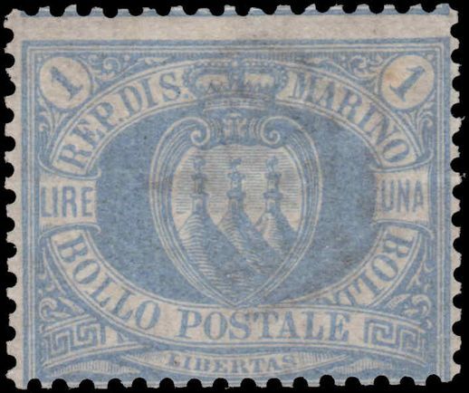 San Marino 1894 1 lira pale ultramarine fine mint signed Diena and with Diena certificate.