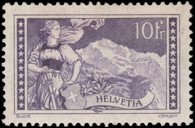 Switzerland 1914-18 10fr deep mauve Jungfrau Mountain fine lightly mounted mint.