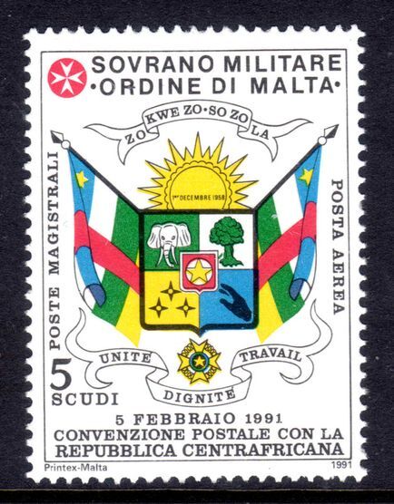 Sovereign Military Order of Malta 1991 Postal Convention with Central African Republic unmounted mint.