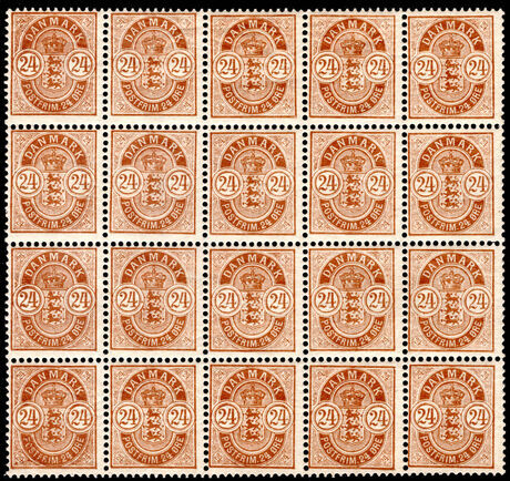Denmark 1882-1902 24ø  in superb block of 20 unmounted mint.