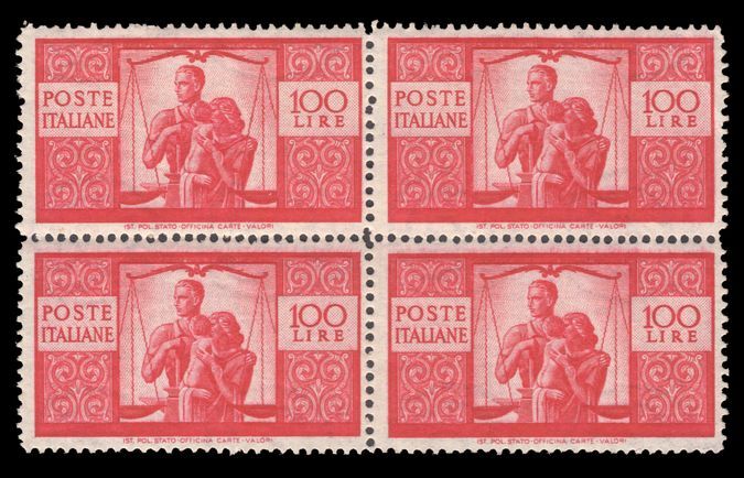 Italy 1945-48 100l Justice in fine block of 4 lower two unmounted scarce perf 14x13½. Light overall gum toning.
