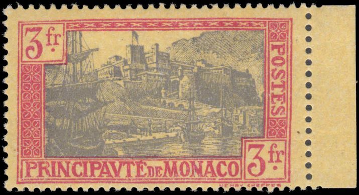 Monaco 1924-33 3fr lavender and red on yellow fine mint lightly hinged.