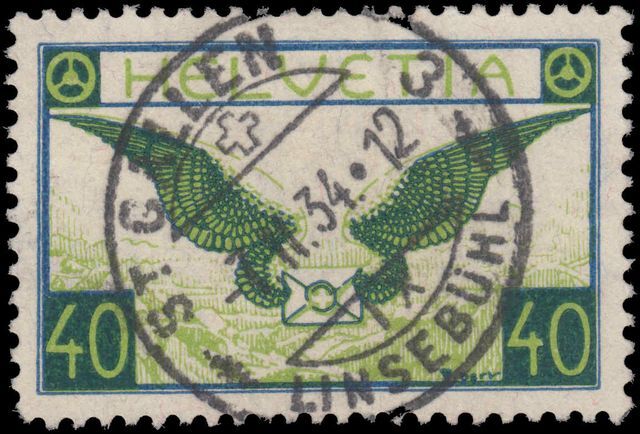 Switzerland 1923-40 40c blue and apple-green on ordinary smooth paper exceptionally fine used.