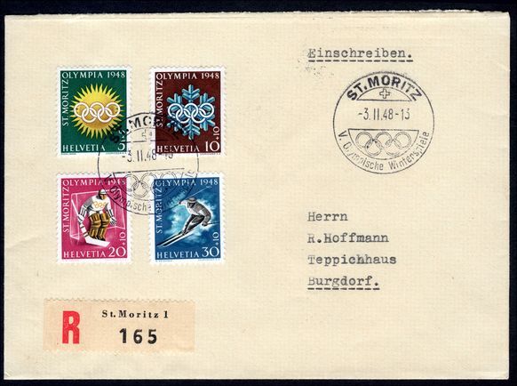 Switzerland 1948 Winter Olympics set on fine cover with St Moritz cachet.