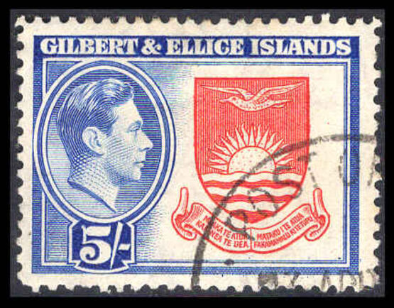 Gilbert & Ellice Islands 1939-55 5s deep rose-red and royal blue fine used.