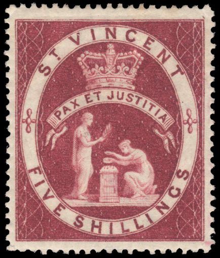 St Vincent 1885-93 5sh Lake fine mint lightly hinged.