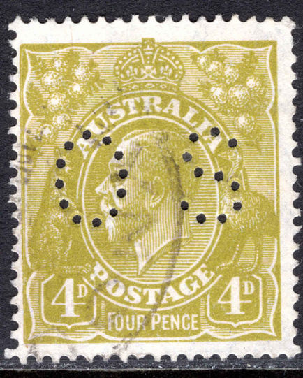 Australia 1926-30 4d Olive-yellow official perfin 2 wmk 7 perf 14 fine used.