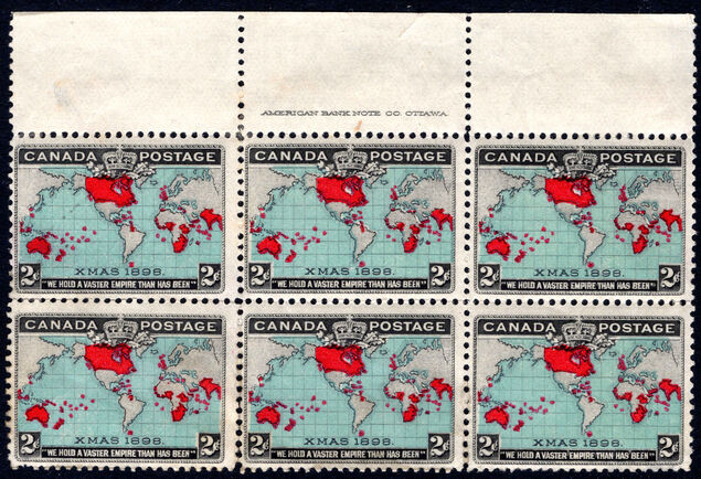 Canada 1898 2c greenish blue Imprint block of 6 (two unmounted and 4 water damaged). 