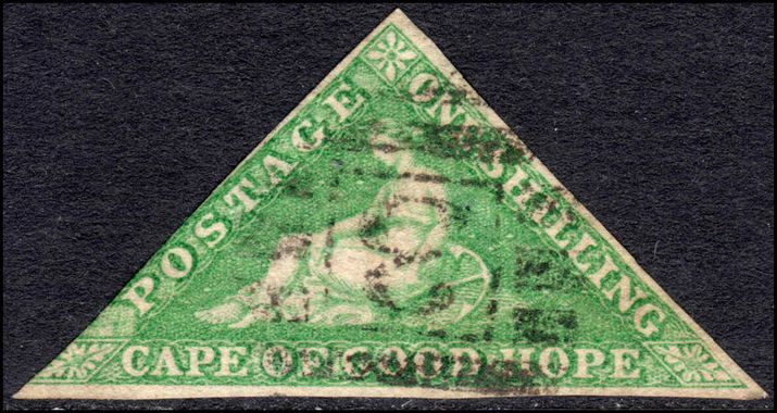 Cape of Good Hope 1863-64 1sh bright emerald green triangular De La Rue printing margin just touching.