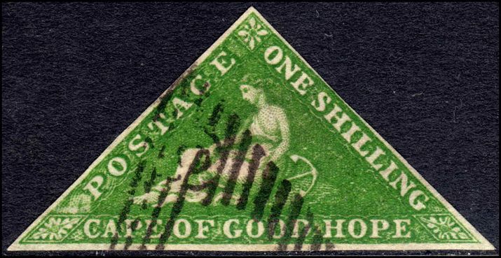 Cape of Good Hope 1855-63 1sh bright yellow-green Perkins Bacon fine used good margins. Parisienne dealers handstamp.