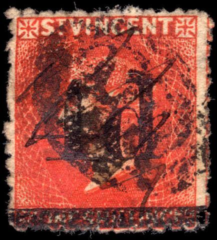 St Vincent 1881 4d on 1sh bright-vermillion used with pen-cancel and postmark.