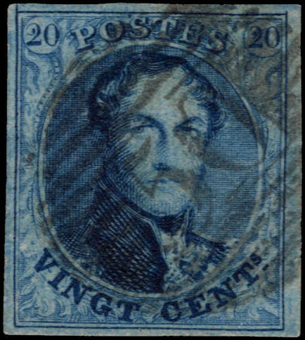 Belgium 1861 20c blue no wmk fine used 4 margins.