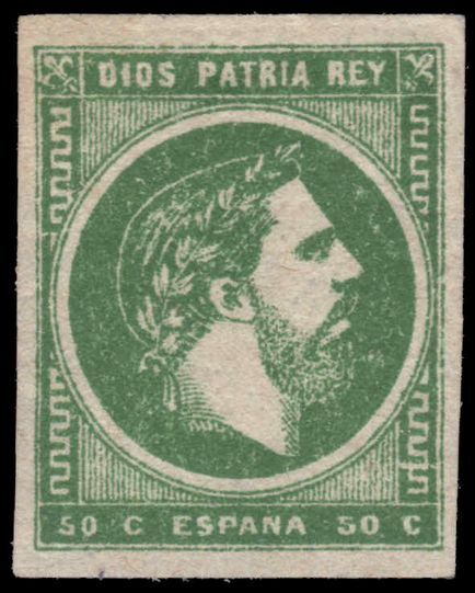 Spain 1873 50c green Carlist issue on white paper with reversed Greek Key lightly mounted mint.