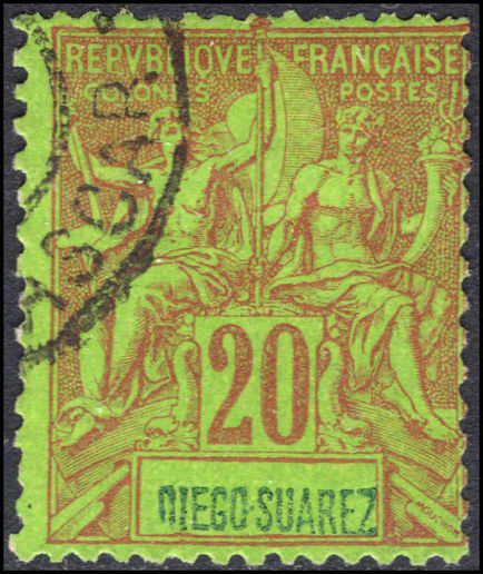 Diego Suarez 1894 20c red on green fine used.