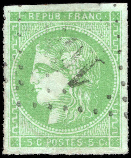 France 1870-71 5c yellow-green 4 margins fine used tiny thin spot.