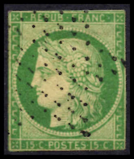 France 1849-52 15c green on bluish-green 4 margins tiny thin spot.