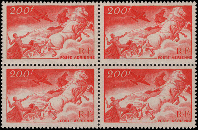 France 1946-47 200f Apollo and Chariot airmail block of 4 unmounted mint.