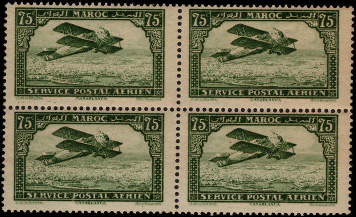 French Morocco 1922-27 75c green air thick frame block of 4 unmounted mint.