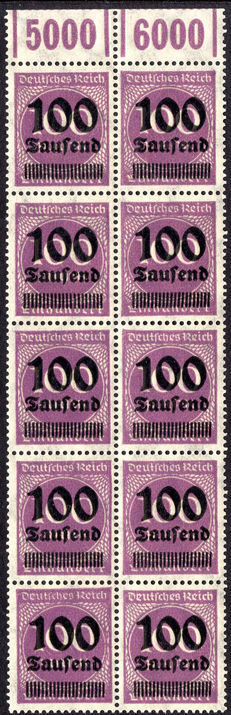 Germany 1923 100T on 100m in superb marginal block of 10 unmounted mint.