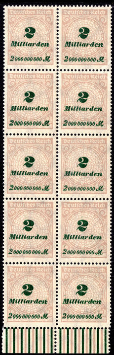 Germany 1923 2Md perf in superb marginal block of 10 unmounted mint.