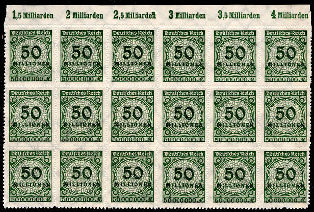 Germany 1923 50m roulette in superb marginal block of 18 unmounted mint.