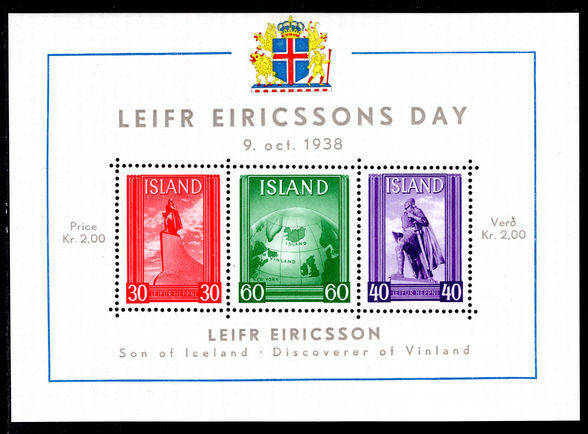 Iceland 1938 Leif Eirikssons day souvenir sheet unmounted mint.