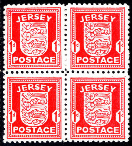 Jersey 1941-42 1d scarlet ordinary paper block of 4 unmounted mint.