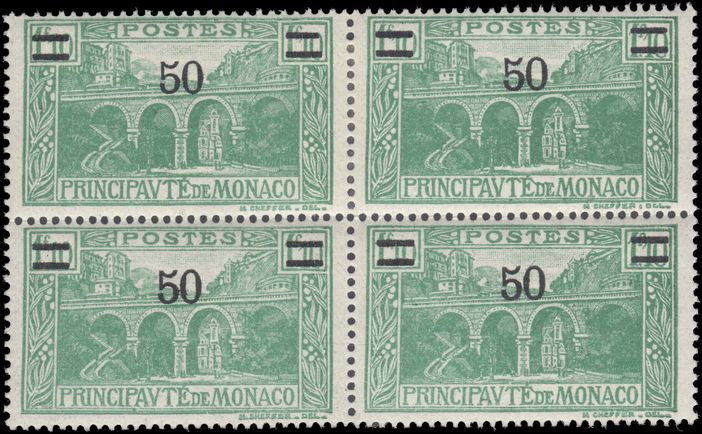 Monaco 1926-31 50 on 110c fine fine unmounted mint upper two stamps lightly hinged.