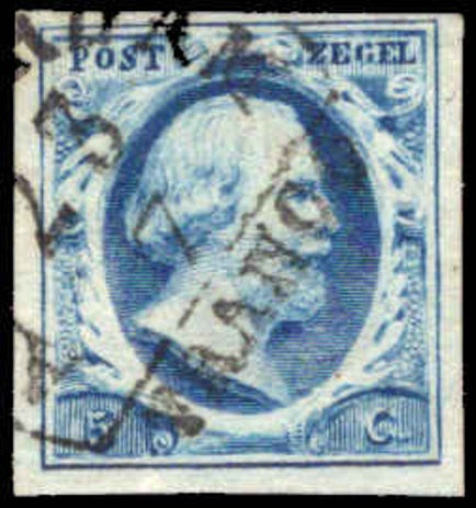 Netherlands 1852-63 5c blue unplated 4 margins fine used.