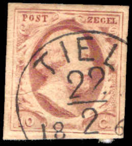 Netherlands 1852-63 10c brownish-red unplated 4 margins fine used.