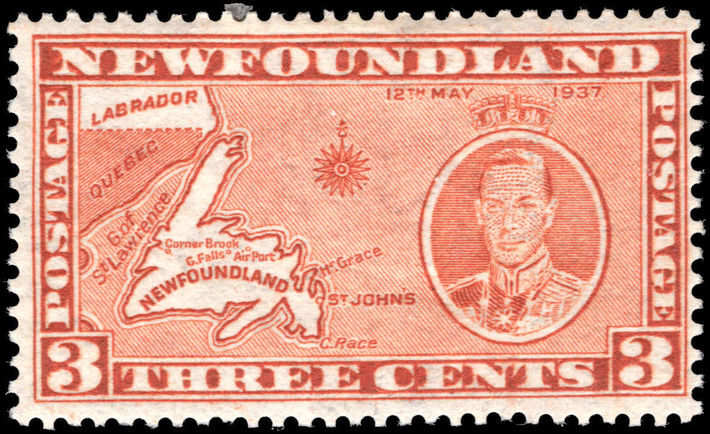Newfoundland 1937 Coronation 3c die II perf 13½ lightly mounted mint.