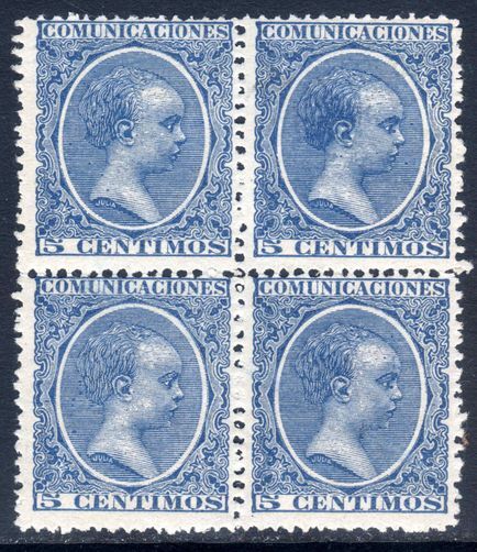 Spain 1889 5c blue in unmounted mint block of 4.