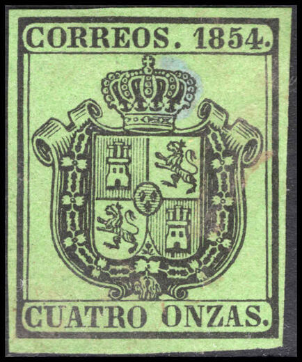 Spain 1854 4o on green unused without gum.