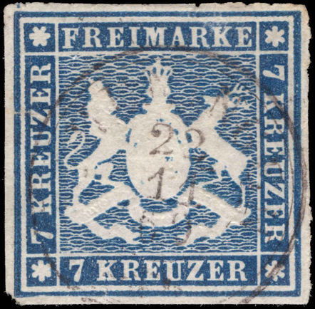 Wurttemburg 1865-68 7k indigo rouletted fine used.