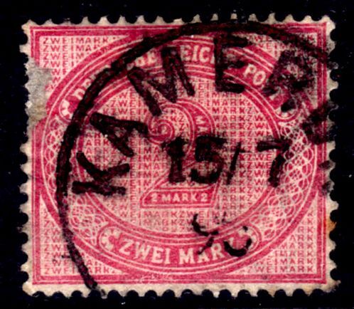 Cameroun 1887-89 2mk forerunner with Kamerun postmark. Surface thin but rare.