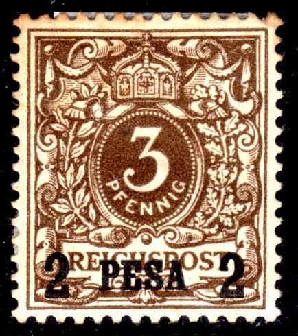 East Africa 1893 2p on 3pf grey-brown mint hinged. Tiny tone marks.