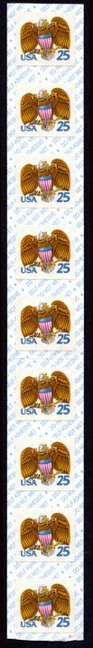 USA 1989 25c booklet stamp in special strip of nine with blue and red square on back unmounted mint.