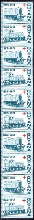 Guyana 1988 Red Cross Trains $3.20 pair in strips unmounted mint (folded).